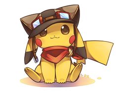 a cartoon pikachu wearing a hat and holding a knife in one hand while sitting on the ground