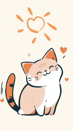 an orange and white cat sitting on top of a floor next to a heart shaped object