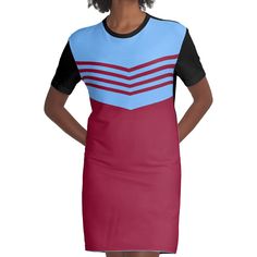 Loose and casual fit jersey t-shirt dress. Printed polyester blend front panel, solid color 100% cotton back/sleeves/rib. Size range XS-2XL. Design inspired by the iconic West Ham United 1976 Cup Winners Cup Final jersey Ham Shirt, West Ham United Fc, West Ham United, Blue Graphic, West Ham, Cup Final, Sport Football, Dress For Sale, Casual Fit