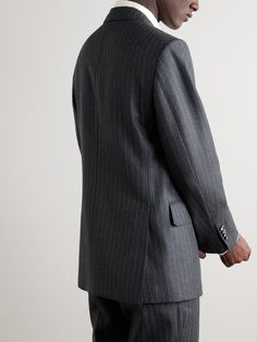 TOM FORD reimagines its signature 'Shelton' blazer in a classic pinstriped cloth. It's been tailored in Italy from wool and has a single-breasted front with peak lapels, a ticket pocket and a double vent for easy movement. Wear yours as a suit with the coordinating trousers. Pinstripe Wool Suits For Workwear, Fitted Pinstripe Wool Suits, Tailored Wool Sport Coat With Button-up, Tailored Pinstripe Wool Suits, Classic Pinstripe Suit With Double-breasted Button Fastening, Herringbone Suit, Grey Suit Men, Flannel Suit, Black Suit Men