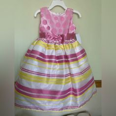 Gorgeous Toddler Party Dress Polka Dots And Stripes Pink And Yellow Combo.Only Two Available. Yellow Princess Dress For Spring Dress-up, Cute Princess Dress For Spring Fancy Dress, Yellow Princess Dress For Dress-up, Fitted Yellow Princess Dress For Dress-up, Yellow Fitted Princess Dress For Dress-up, Fitted Yellow Princess Dress For Summer, Playful Yellow Dress For Dress-up, Fitted Yellow Princess Dress For Spring, Fitted Yellow Princess Dress For Party