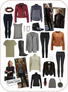 a collage of clothes and accessories including sweaters, jackets, boots, jeans