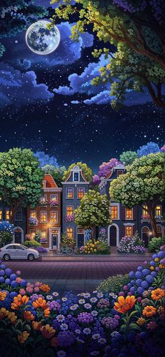 a painting of a night scene with a car parked in front of a house and trees