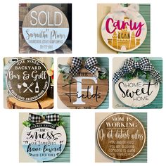 six wooden signs with different sayings on the front and back of them, including one for home sweet home