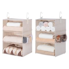 two shelving units with towels and blankets on them