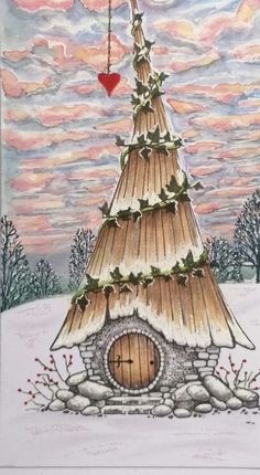 a drawing of a tree house with a heart hanging from it's roof in the snow