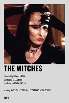 the witches movie poster with an image of a woman in black and white makeup holding her head