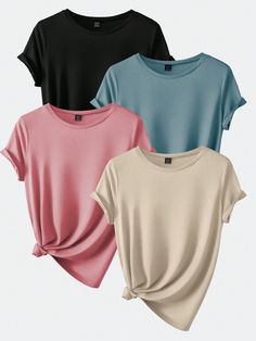 Plus Size Women's Solid Color Round Neck Short Sleeve T-Shirt (Multiple Pieces) Multicolor Casual  Short Sleeve Knitted Fabric Plain  Slight Stretch Summer Women Plus Clothing, size features are:Bust: ,Length: ,Sleeve Length: Trendy Plus Size Fashion, Teen Clothes, Shirts Women Fashion, T Shirts Women, Shirts Women, Plus Size Shorts, Kids Beachwear, Color 2, Comfy Casual