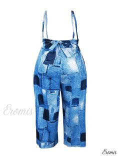 Eromis - Chic and Trendy Denim Print Wide Leg Overall Jumpsuit, Stylish Casual Attire for the Spring & Summer Season, Exquisite Womens Clothing Blue Denim Jumpsuit For The Beach, Denim Wide Leg Jumpsuits For Summer, Summer Denim Wide Leg Jumpsuits And Rompers, Summer Wide Leg Denim Jumpsuits And Rompers, Blue Denim Jumpsuit For Beach, Denim Jumpsuits And Rompers For Beach In Spring, Spring Beach Denim Jumpsuits And Rompers, Summer High Waist Medium Wash Jumpsuits And Rompers, Blue Wide Leg Denim Jumpsuit For Summer