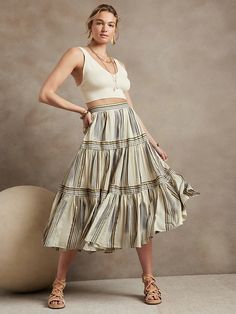 Zephyr Midi Skirt | Banana Republic Tiered Midi Skirt Outfit, Midi Skirt Outfits Summer, Wood Kitchens, Flouncy Skirt, Skirt Outfit Summer, Midi Skirts Summer, Midi Skirt Outfit, Tiered Midi Skirt, Cotton Midi Skirt