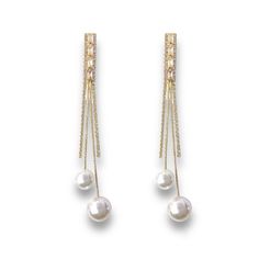 Experience The Elegance And Sophistication With Our Cz White Pearl Dangle Drop Earrings For Women. These Stunning Earrings Feature A Faux Pearl Design That Adds A Touch Of Glamour To Any Outfit. Perfect For Any Occasion, These Earrings Are A Must-Have For Any Fashion-Forward Woman! Earrings Length About 3.2 Inches. Elegant Metal Linear Earrings For Evening, Elegant Metal Linear Earrings For Parties, Evening Pearl Drop Crystal Earrings, Pearl Drop Dangle Crystal Earrings For Evening, Elegant Pearl Linear Earrings For Party, Elegant Metal Crystal Earrings For Evening, Party Pearl Drop Dangle Linear Earrings, Black Crystal Earrings, Woman Earrings