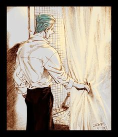 a drawing of a man standing in front of a window looking out at the outside