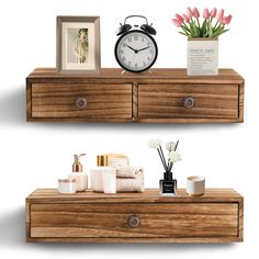 two wooden shelves with flowers, candles and other items on them next to an alarm clock