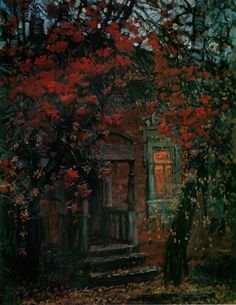 an oil painting of a house with red flowers on the tree and stairs leading up to it