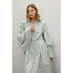 Green stripe (100% Cotton). Casual dress. Collared. Long sleeves. Front button closure. 47" from shoulder to hemline. Made in the USA of imported fabric.¬† Cotton Casual Dress, Fiesta Dress, Rosie Assoulin, Rent The Runway, Bold Stripes, Closet Designs, Ruffled Sleeves, Green Stripes, Striped Dress