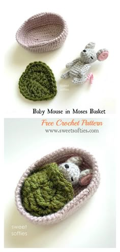 three crocheted baskets with animals in them and the text baby mouse in moss basket free crochet pattern