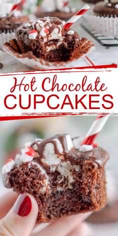 chocolate cupcakes with white frosting and candy canes on top