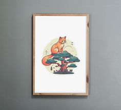 a cat sitting on top of a tree in front of a gray wall with a wooden frame