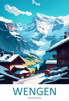 an image of a snowy mountain town with mountains in the background