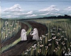 two ghost walking down a dirt road with flowers in the foreground and clouds in the background