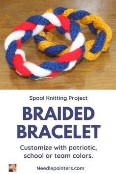 the braided bracelet is made from yarn and has red, white, blue, and yellow colors