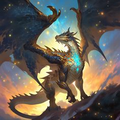 a painting of a dragon in the sky with its wings spread out and glowing blue