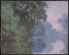 a painting of some water and trees in the background