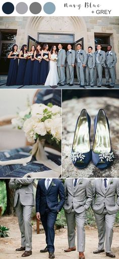 the wedding party is posing for pictures in their gray suits and blue shoes with white flowers