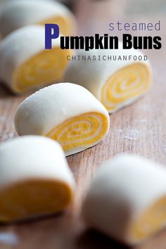 steamed pumpkin buns on a cutting board with text overlay