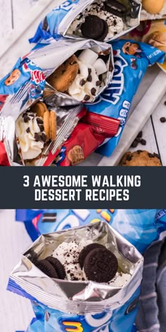 three different desserts with the words 3 awesome walking dessert recipes on top and bottom