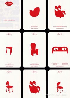 six different types of red and white cards with the words love written in each one