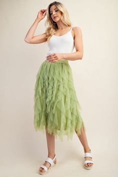 Embellished Tulle Layered Midi Skirts with Elastic Waist Band Models are 5'8" and 5'9" both wearing small. Fabric Contents 100% Polyester Spring Party Tiered Skirt, Spring Stretch Tulle Bottoms, Green Tulle Bottoms For Summer, Spring Tulle Skirt With Stretch, Spring Stretch Tulle Skirt, Summer Party Skirt With Ruffled Design, Summer Tiered Skirt For Party, Tiered Skirt For Summer Party, Spring Party Tulle Skirt Bottoms