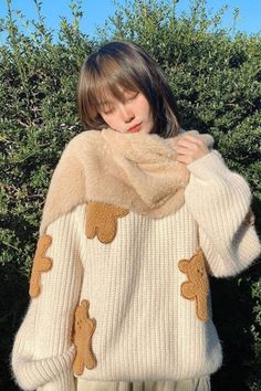 Bear Kawaii, Bear Outfit, Korean Cartoon, Kawaii Sweater, Bear Clothes, Jumper Style, Cotton Decorations, Japanese Harajuku, Oversize Knit