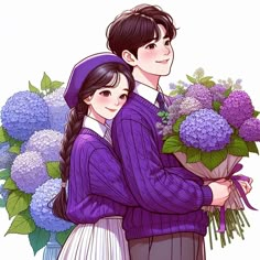 a man and woman are hugging each other while holding bouquets of flowers in their hands