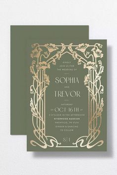 Gilded Nouveau Wedding Invitations.#WeddingInvitations #WeddingStationery #Invitation #WeddingPlanning #CustomInvitations Wedding Invitation Art Nouveau, Vintage Nouveau Wedding, Art Nouveau Wedding Decorations, Fantasy Wedding Invitations, Cinematic Fonts, Art Nouveau Borders, Nouveau Wedding Invitations, Fairytale Forest Wedding, Art Nouveau Invitation