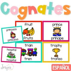 spanish words and pictures with the words cognites on them in different colors,