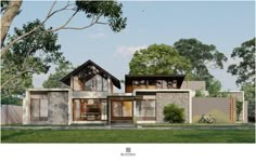 this is an artist's rendering of a modern house in the woods with stone and wood accents