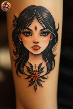 a woman's face with flowers and leaves on her thigh, as if she is wearing