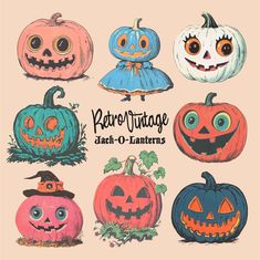 a bunch of pumpkins that are painted in different colors and sizes, with the words retro vintage jack - o - lanterners on them