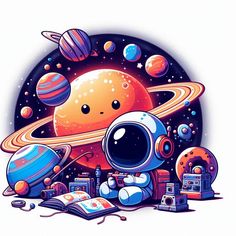 an astronaut with books and planets in the background