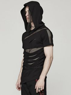 The price is for a top only, others are not included.  1. Made of stretch knit fabric and mesh.  2. Hooded loose design.  3. Creative splicing presents a tearing vision to create rebellious punk.  4. Two colors for choice.  Garment Size   	 		 			Size 			S-M 			L-XL 			2XL-3XL 		 		 			Length 			73 			75 			77 		 		 			Bust 			100 			110 			120 		 		 			Waist 			100 			110 			120 		 		 			Shoulder Across 			45 			48 			51 		 		 			Sleeve 			20.5 			21.5 			22.5 		 		 			Cuff 			38 			40.5 			43 Stretch Punk T-shirt For Streetwear, Punk Halloween Hooded Top, Punk Style Stretch T-shirt For Streetwear, Punk Stretch T-shirt For Streetwear, Stretch Punk Tops For Alternative Fashion, Black Gothic Tops With Mesh Sleeves, Black Stretch Rave Tops, Alternative Stretch T-shirt For Streetwear, Black Stretch Tops For Rave