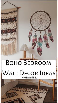 Boho-style bedroom with a dreamcatcher and woven wall hanging above a cozy bed.