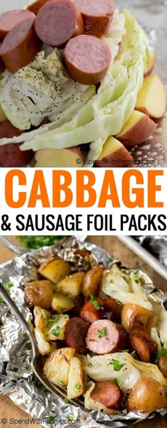 sausage and cabbage foil packs with text overlay