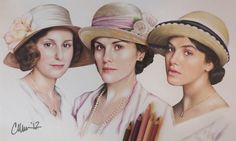 three women in hats are posing for the camera with one woman's head tilted to her left