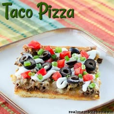 a piece of taco pizza on a plate with the words taco pizza above it