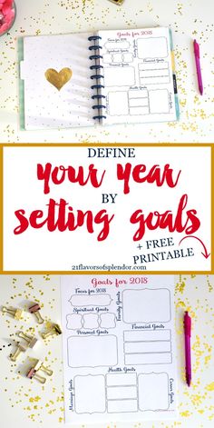 a planner with gold confetti on it and the text, define your year by setting goals