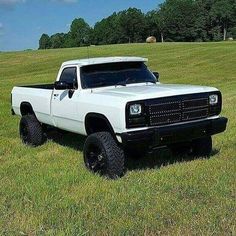 a white pick up truck parked in a field