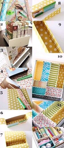 the instructions for how to make a diy craft box with polka dot paper and washi tape