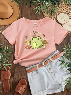 Tween Girls' Casual Simple Cartoon Printed Short Sleeve T-Shirt, Suitable For Summer | SHEIN USA Cute Clothes Style, Fashion Outfits For Kids Girl, Clothes School Outfits, Aethstetic Outfits Girl, Cute Colorful Clothes, Cute Fits For 10-12, Clothes For 13 Yrs Old Girl, T-shirt Prints, Cute Outfits For School 5th Grade