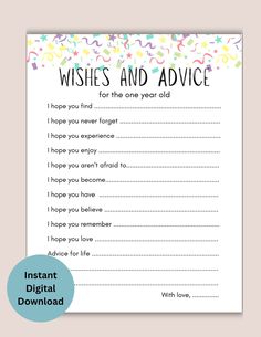 wishes and advice card with confetti on the corner, for someone to write